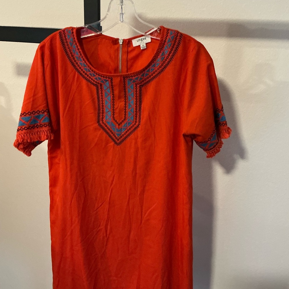 Umgee Red Asymmetrical Dress with Blue Accents